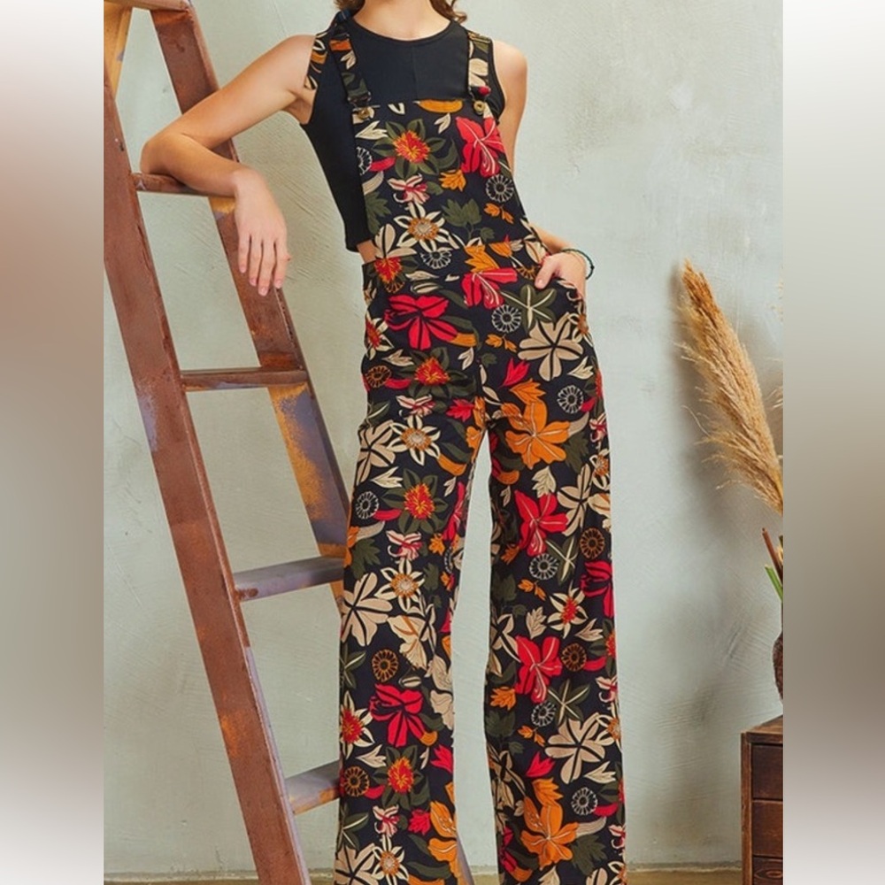 Floral Print Adjustable Buckle Straps Jumpsuit Pants Overalls by Los Banditos